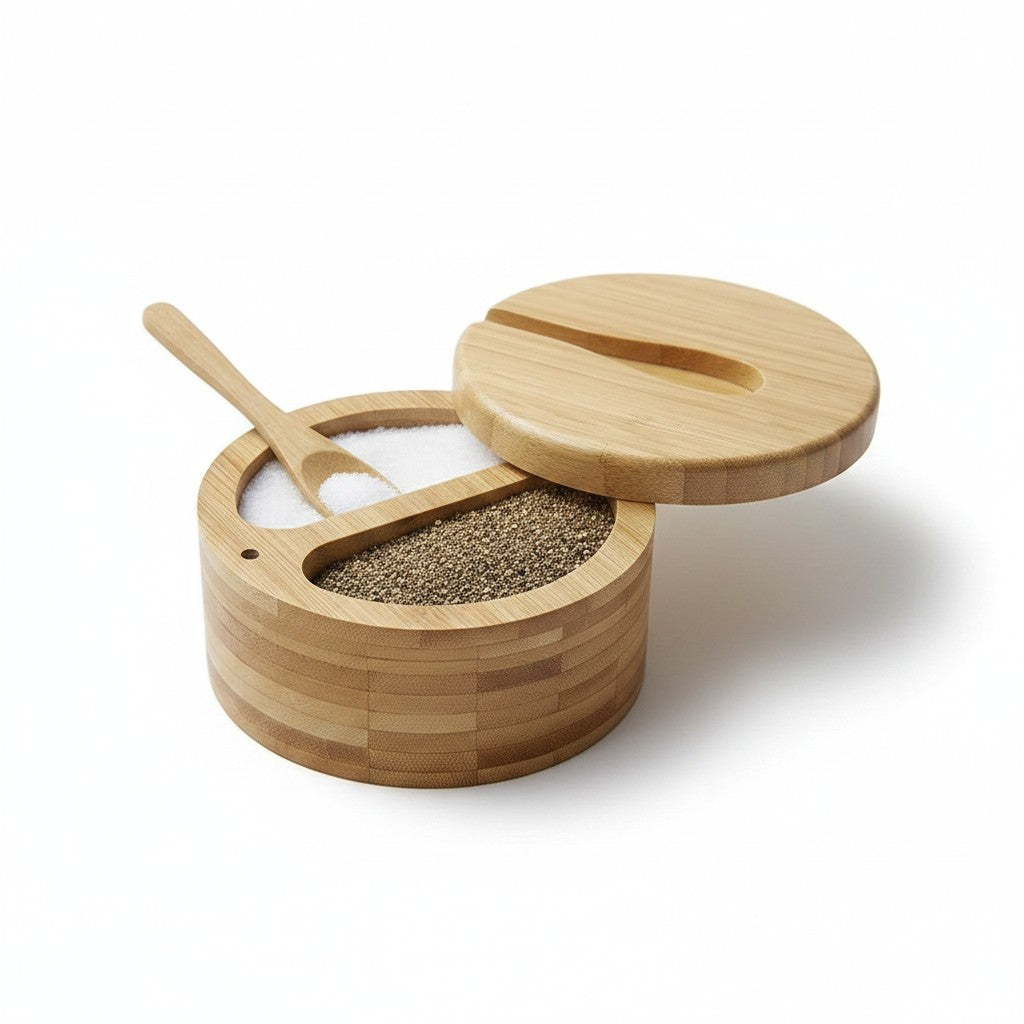 Porta temperos Cucinamup de bambu redondo com dois compartimentos, tampa giratória e colher de madeira