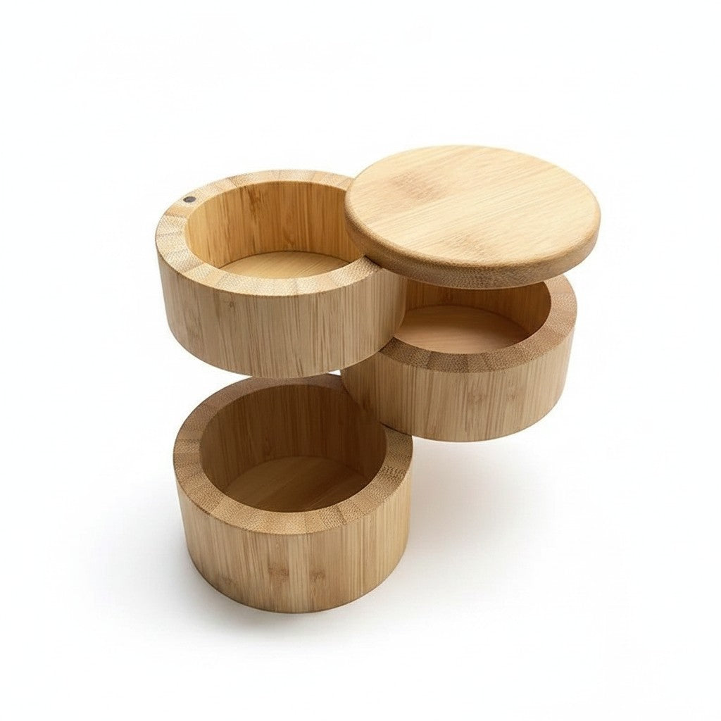 Porta temperos de bambu Cucinamup com três andares giratórios e tampa, ideal para organizar condimentos na cozinha.