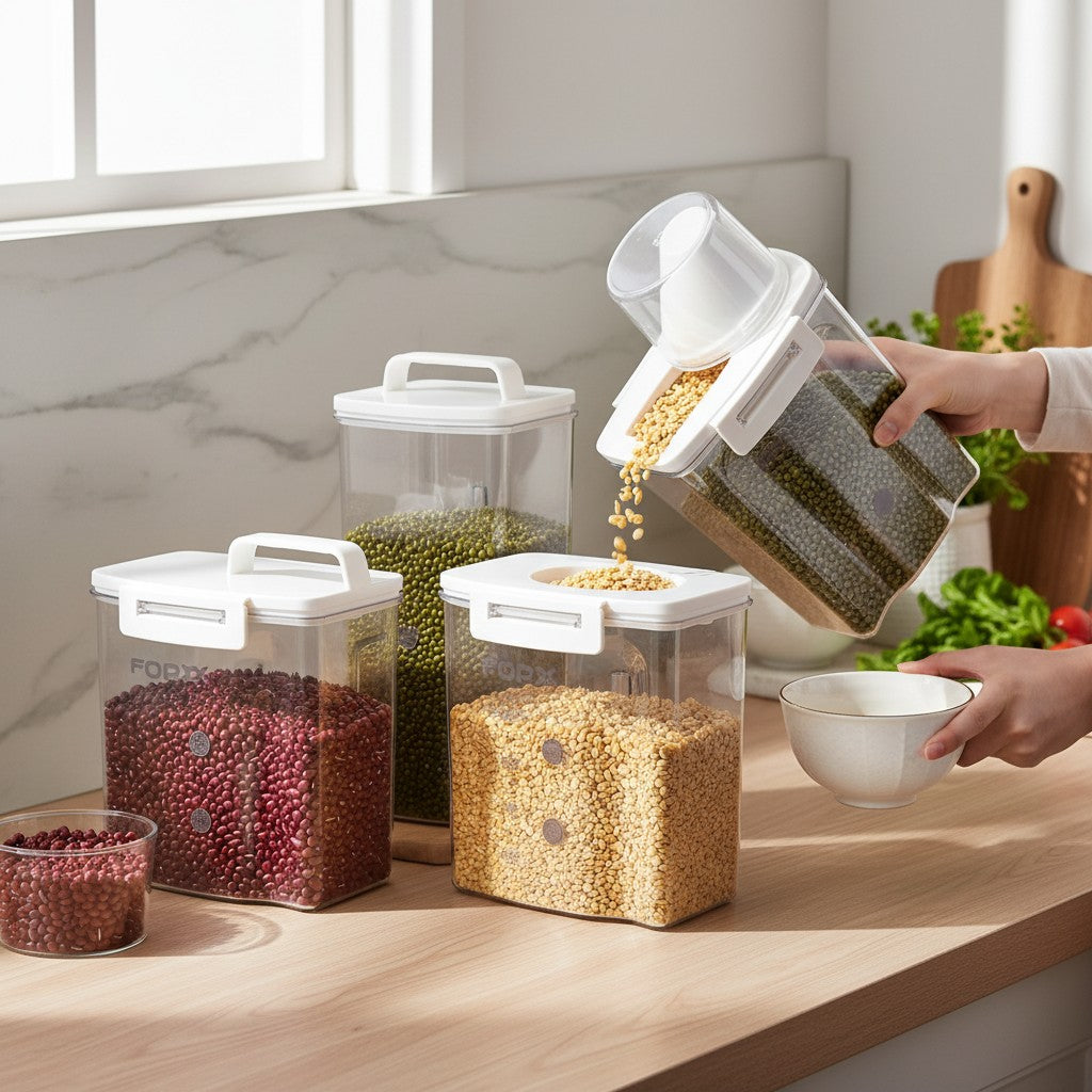 Pote hermético Cucinamup transparente com bico dosador despejando grãos em uma tigela sobre bancada de cozinha.