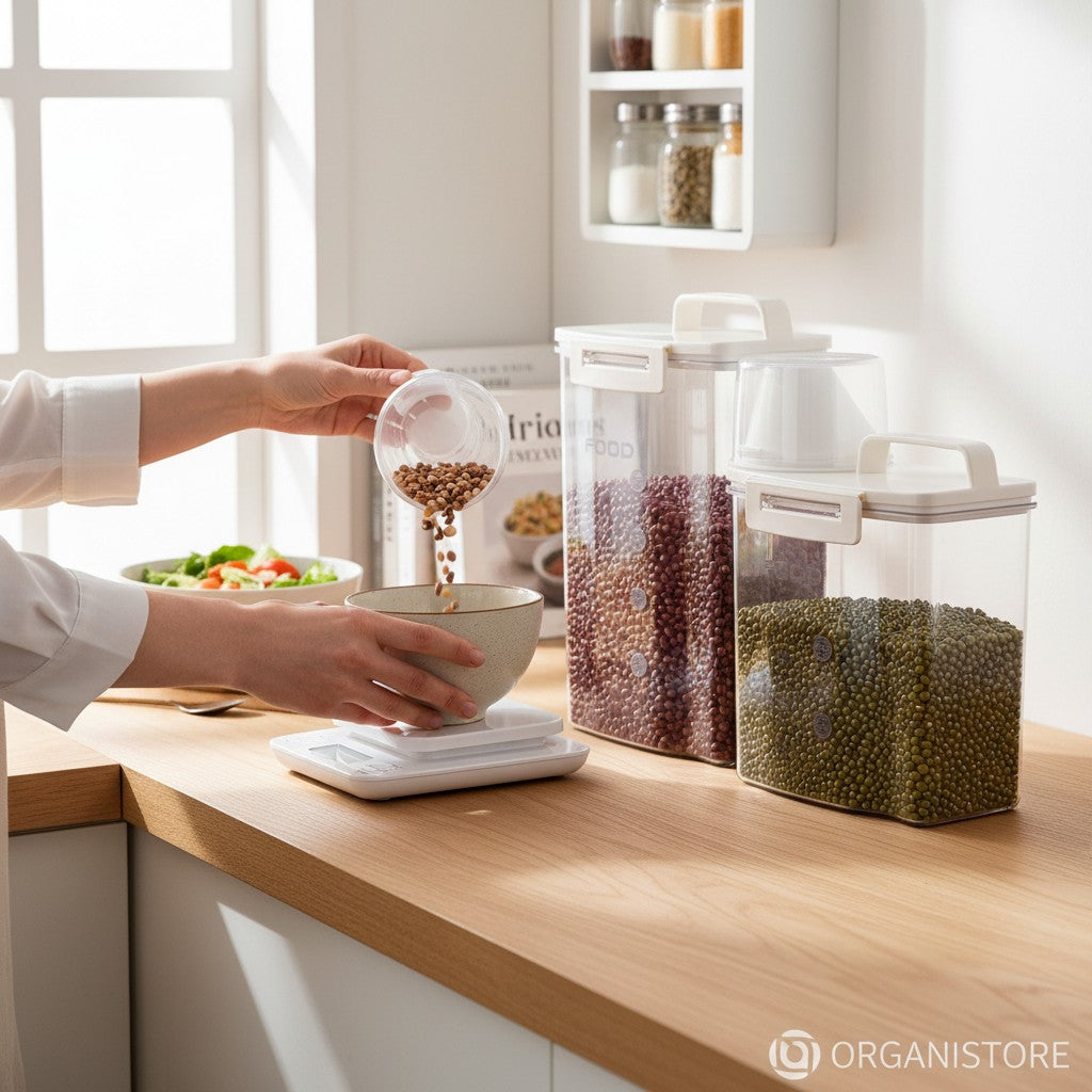 Pote hermético Cucinamup transparente com bico dosador e copo medidor, sendo usado para servir grãos em uma cozinha.