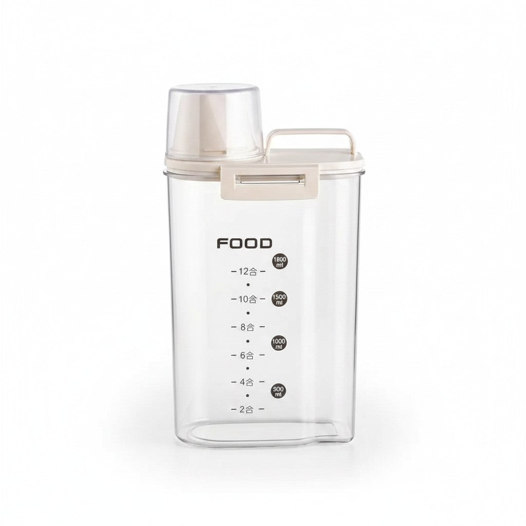Pote hermético Cucinamup transparente com bico dosador, copo medidor e marcação de volume para mantimentos.