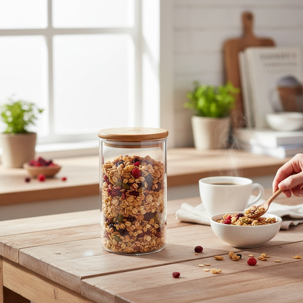 Pote hermético de vidro borossilicato Electrolux com tampa de bambu Cucinamup, contendo granola em uma mesa de madeira.