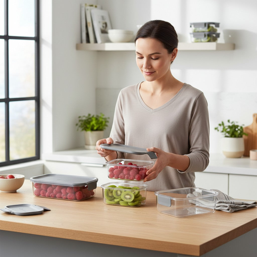 Mulher organizando frutas em potes herméticos cinza da Cucinamup em uma cozinha moderna e iluminada.