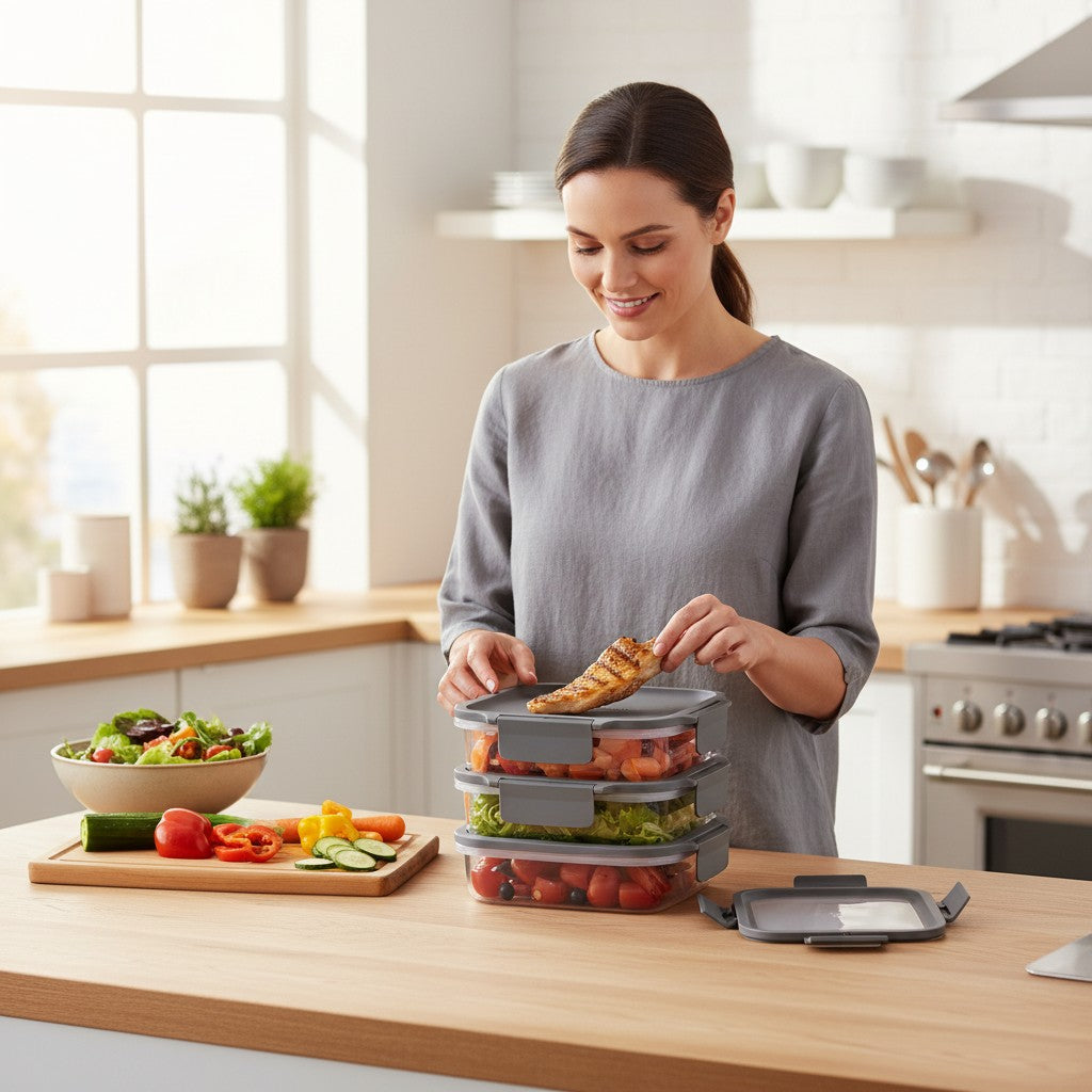 Mulher na cozinha Cucinamup organizando alimentos em potes herméticos retangulares cinzas da Electrolux Experience.