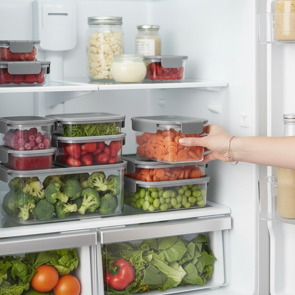 Mão organizando potes herméticos cinza Cucinamup Electrolux Experience com vegetais e frutas na geladeira.