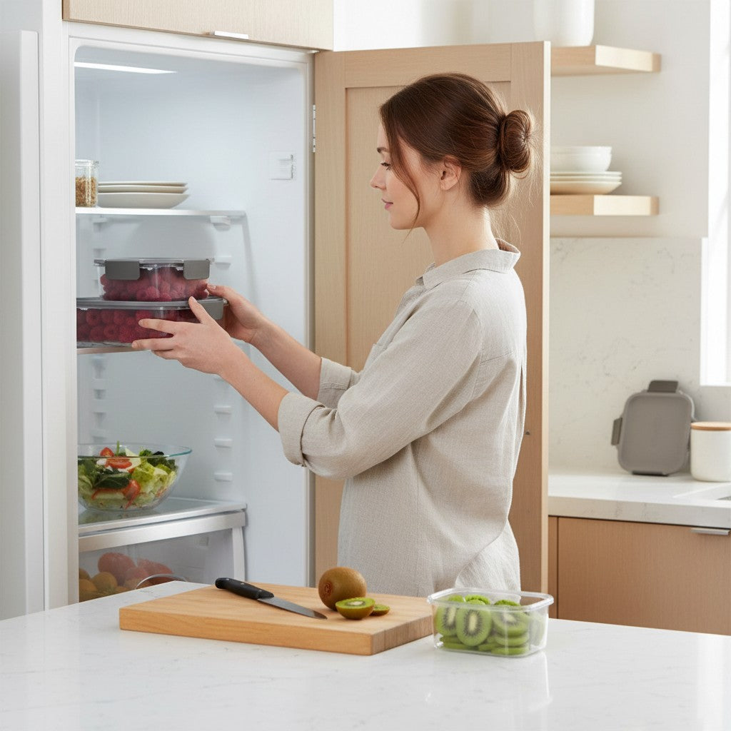 Mulher organizando potes herméticos cinza da Cucinamup na geladeira, com frutas frescas em uma bancada de cozinha.