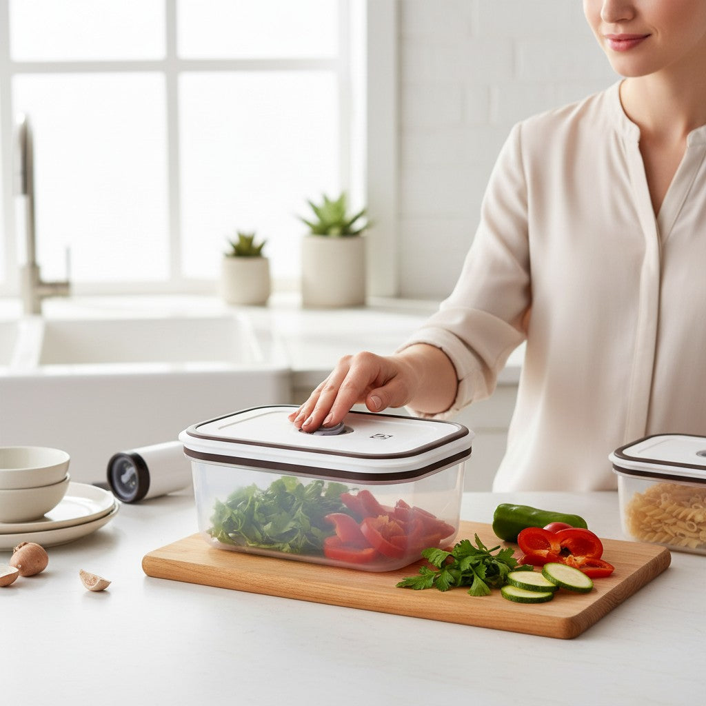 Mulher usando pote hermético Electrolux da Cucinamup para organizar vegetais frescos em uma cozinha moderna.