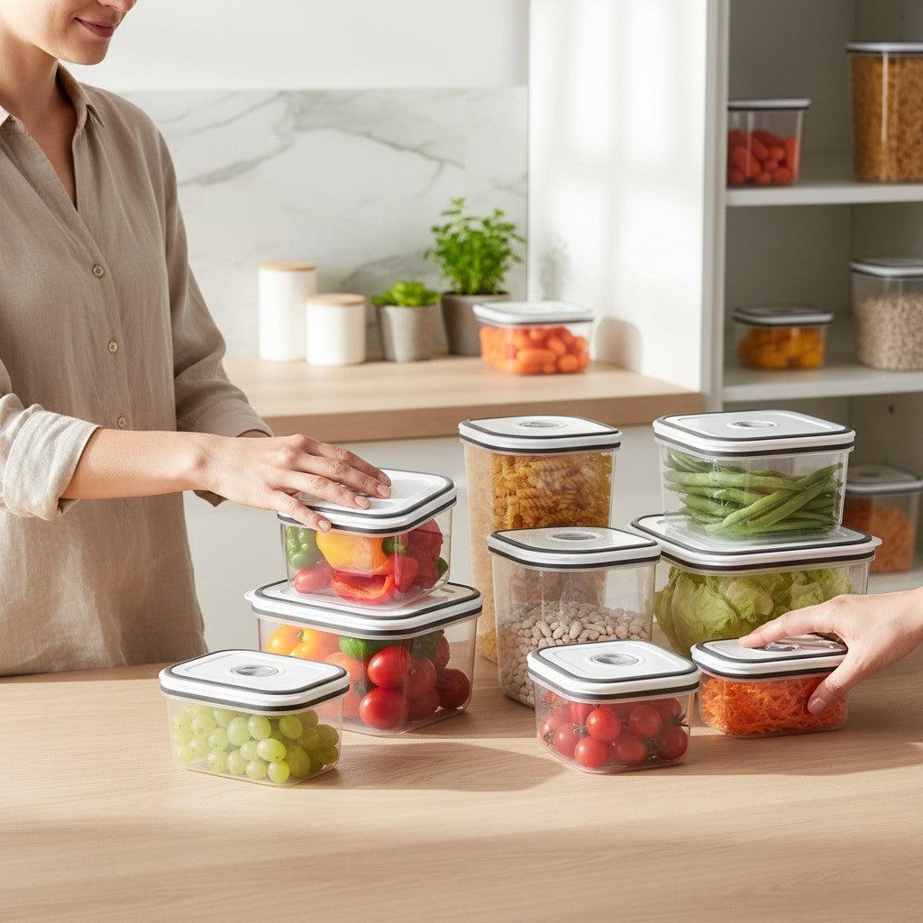Pessoas organizando alimentos em potes herméticos quadrados Cucinamup da Electrolux sobre uma bancada de madeira.