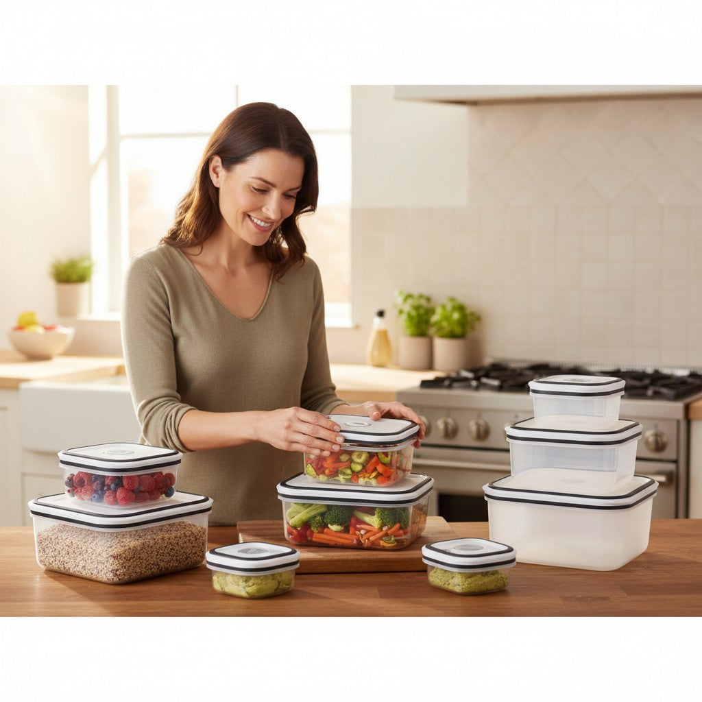 Mulher organizando alimentos em potes herméticos Electrolux da Cucinamup sobre bancada de cozinha moderna
