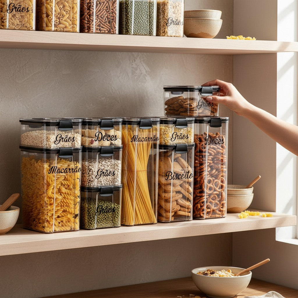 Kit de 9 potes herméticos empilháveis Cucinamup em plástico transparente com travas e etiquetas para organização.