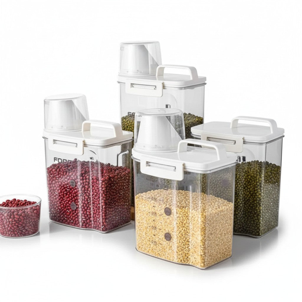 Conjunto de potes herméticos Cucinamup transparentes com tampa branca, bico dosador e copo medidor para mantimentos.