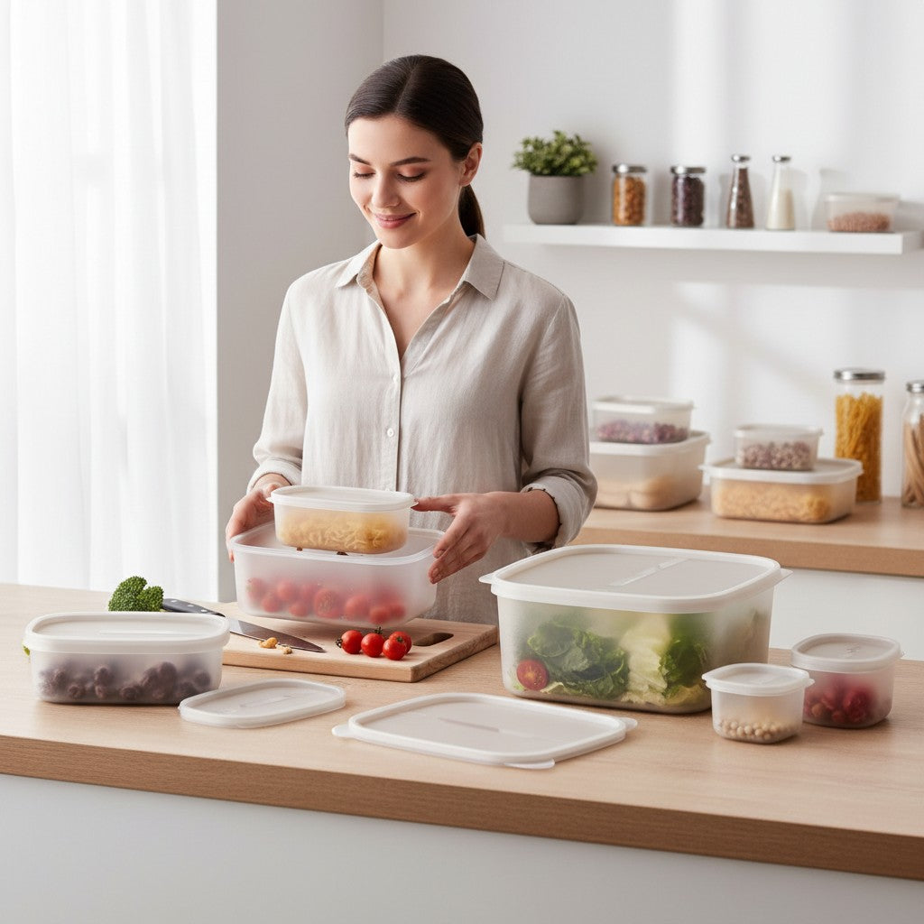 Mulher organizando alimentos em potes herméticos Tramontina MixColor cor Cotton na cozinha da Cucinamup.