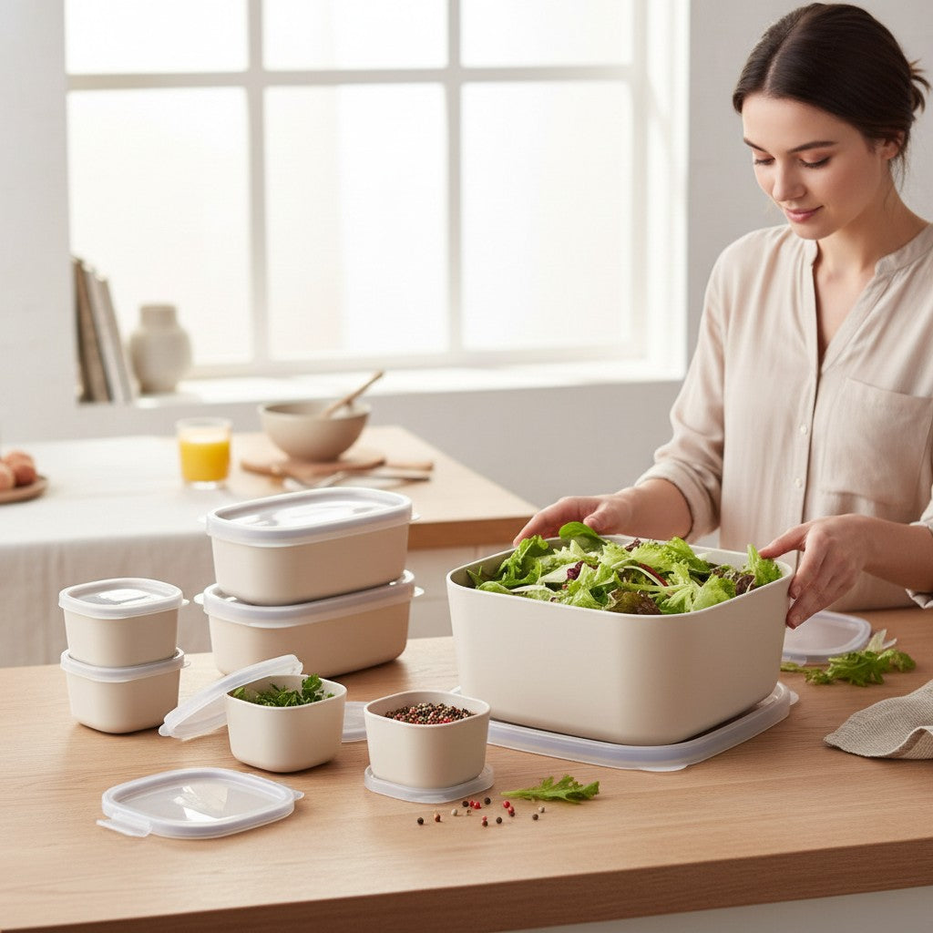 Mulher organizando salada em pote hermético Cucinamup Tramontina MixColor cor cotton em cozinha clara e moderna.