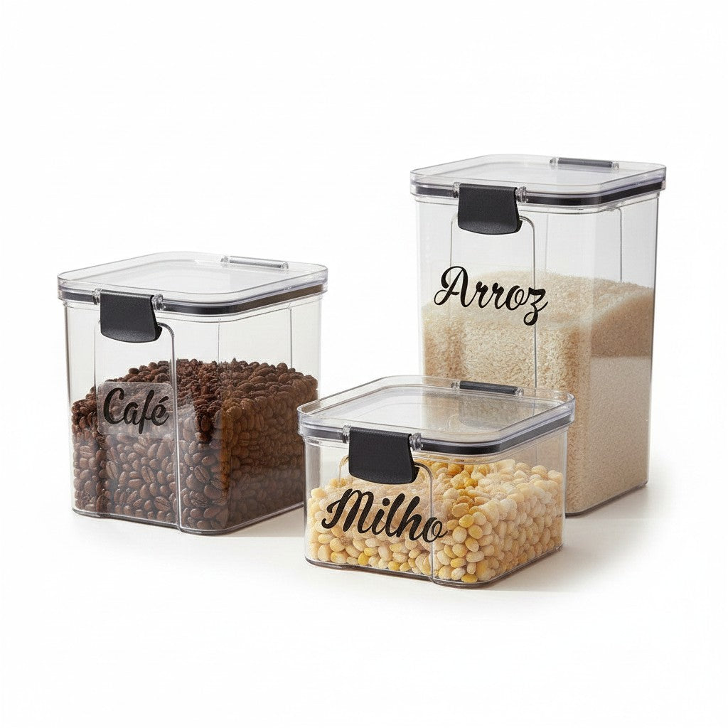 Kit com 3 potes herméticos Cucinamup transparentes com travas pretas, organizando café, milho e arroz em fundo branco.