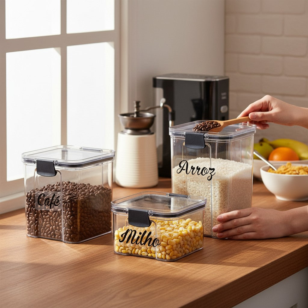 Kit de 4 potes herméticos transparentes Cucinamup com travas, organizando café, arroz e milho em bancada de cozinha.