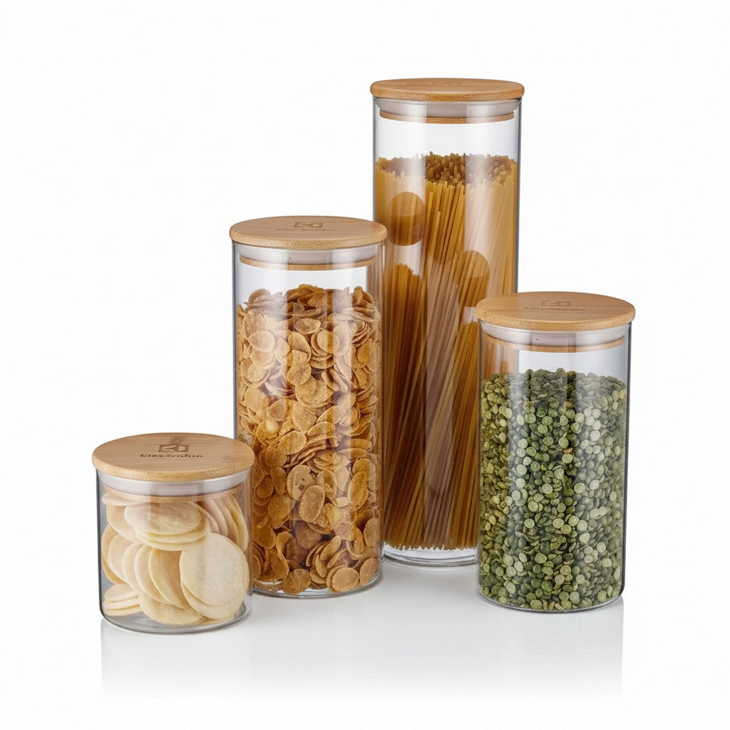 Kit com 4 potes herméticos de vidro borossilicato Cucinamup com tampas de bambu para organização de mantimentos