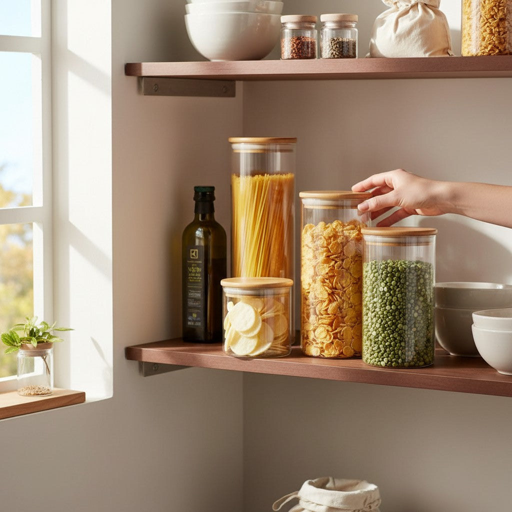 Kit com 4 potes herméticos de vidro Electrolux com tampa de bambu organizando mantimentos em prateleira da Cucinamup