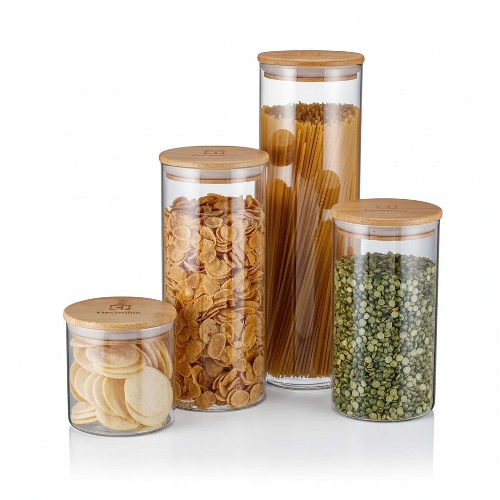 Kit com 4 potes herméticos de vidro borossilicato Electrolux com tampa de bambu natural da Cucinamup