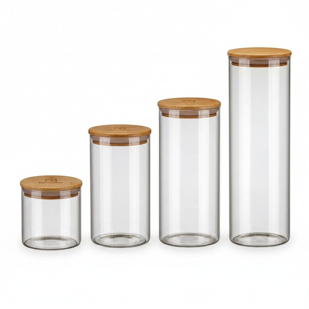 Kit com 4 potes herméticos de vidro borossilicato Electrolux com tampa de bambu natural da Cucinamup