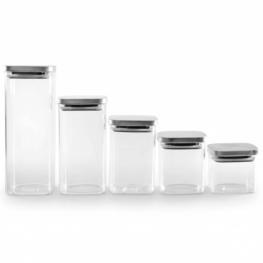 Kit com 5 potes herméticos de vidro borossilicato Cucinamup com tampas de aço inox para organização de cozinha