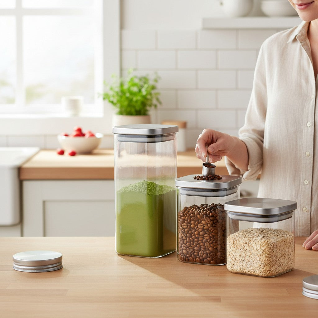 Kit com 5 potes herméticos de vidro borossilicato Cucinamup com tampas em aço inox organizando mantimentos na cozinha.