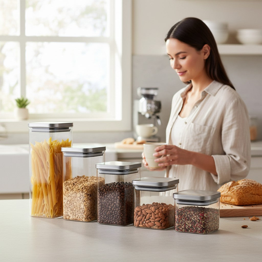 Kit de 5 potes herméticos de vidro borossilicato Cucinamup com tampas de aço inox em bancada de cozinha organizada.