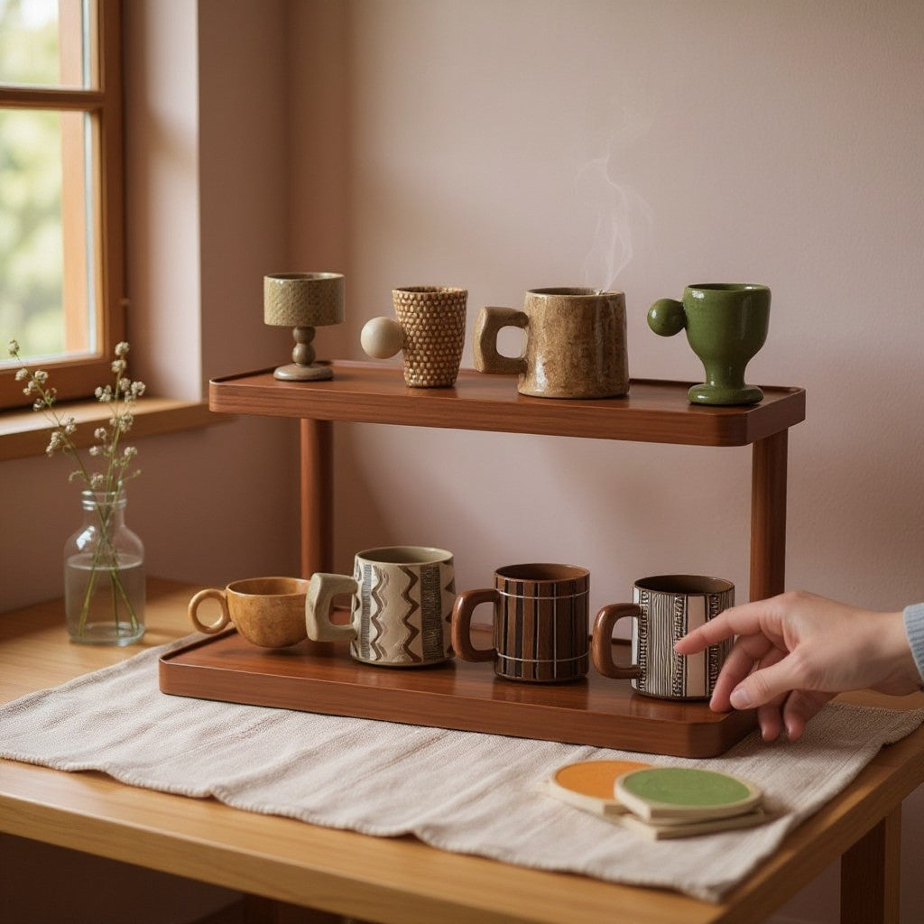 Prateleira organizadora de bancada Cucinamup em bambu com dois andares, exibindo canecas decorativas em uma cozinha.