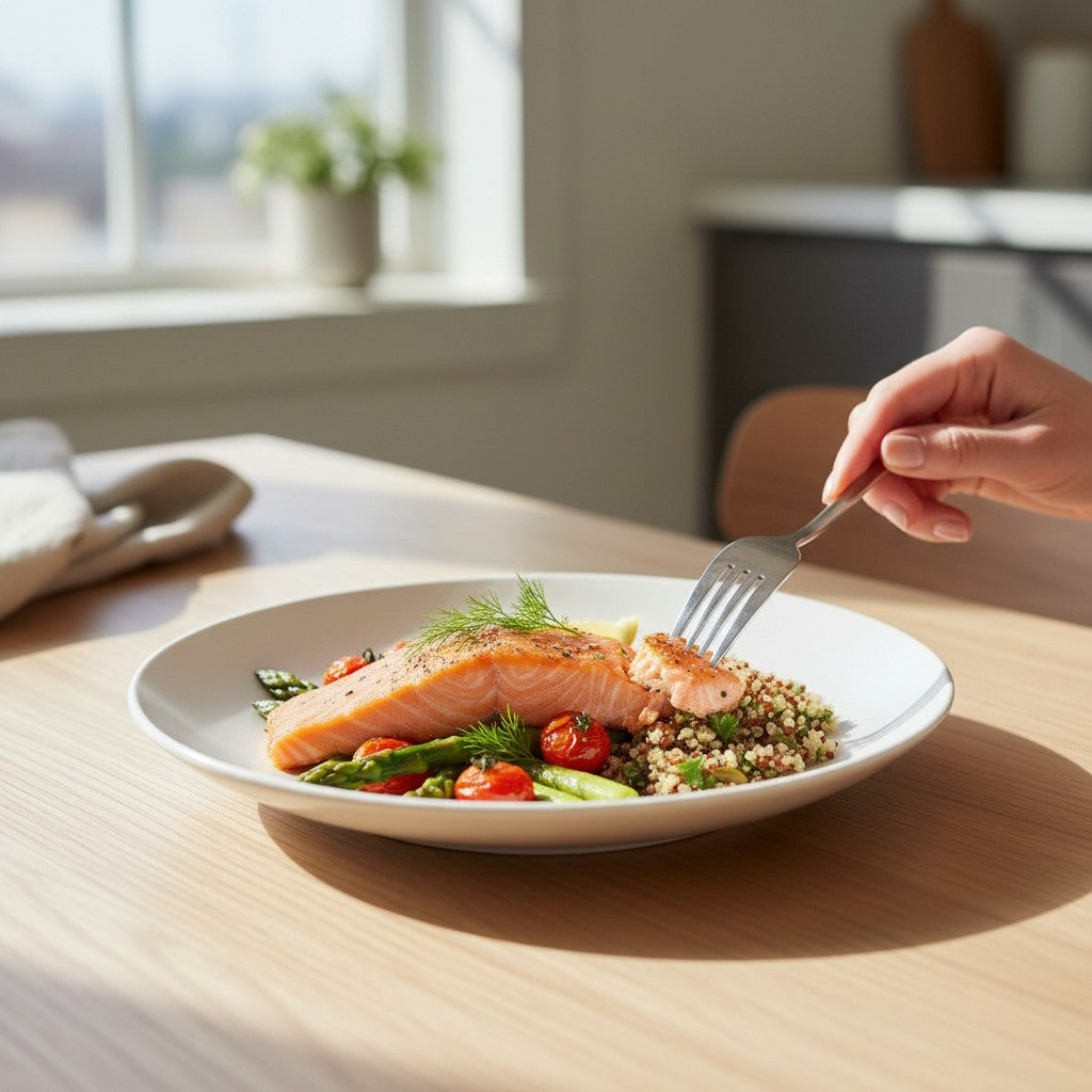 Prato fundo de porcelana branca Cucinamup Tramontina Sophia com salmão, aspargos e quinoa em mesa de madeira iluminada