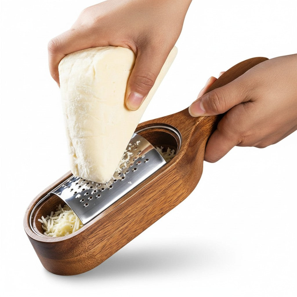 Ralador de queijo Cucinamup com lâmina de aço inox e caixa coletora de madeira, sendo usado para ralar queijo parmesão.
