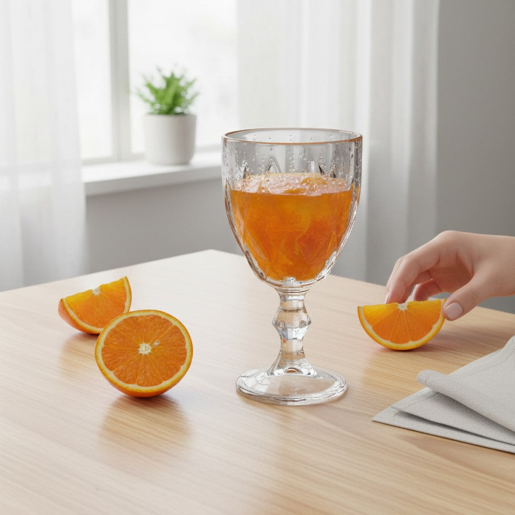 Taça de vidro Cucinamup Diamond Empire com suco de laranja sobre mesa de madeira, design lapidado e elegante