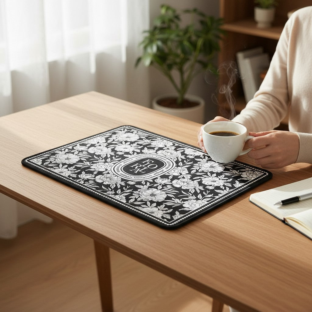 Tapete absorvente floral Cucinamup em lama diatomácea preto e branco sobre mesa de madeira com xícara de café quente.