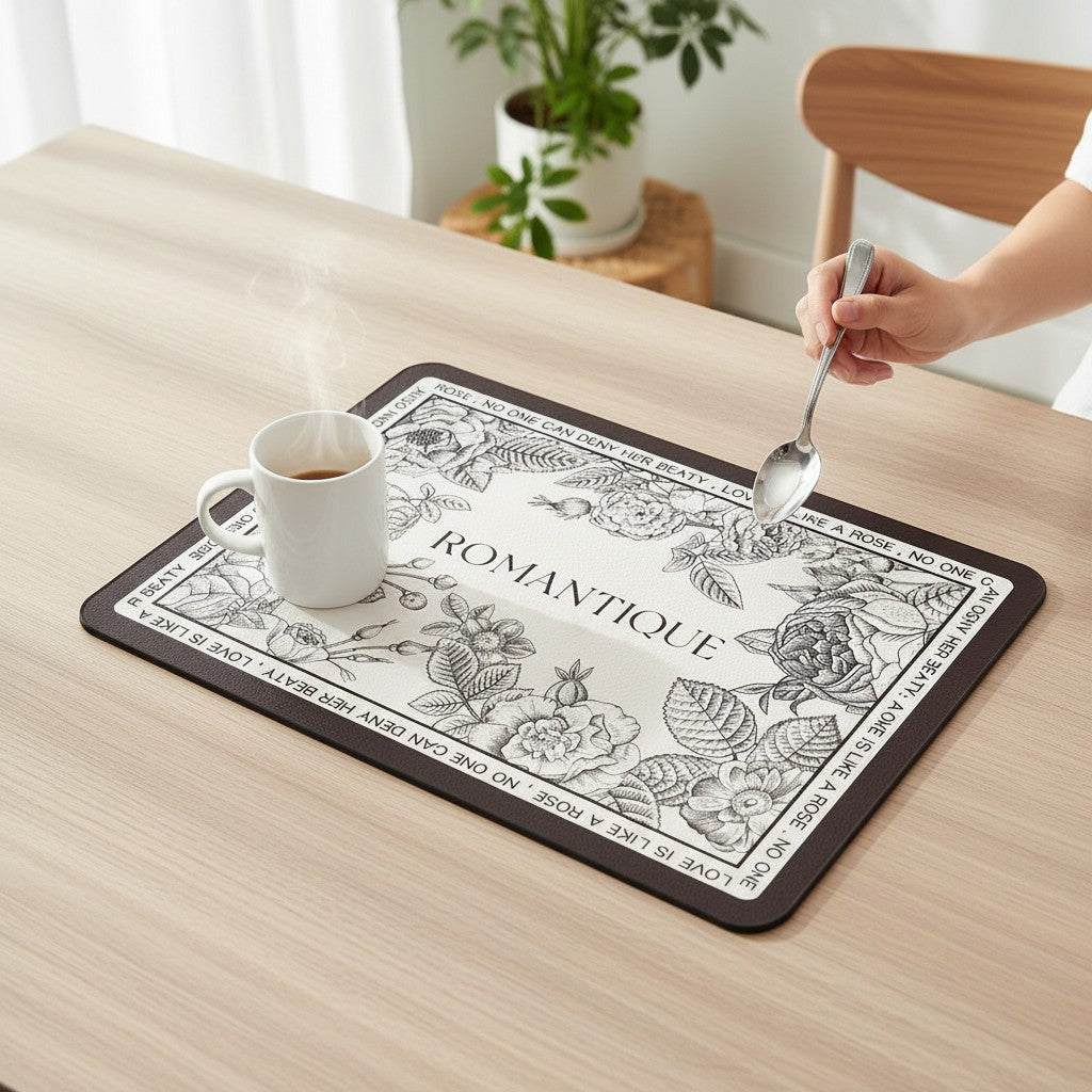 Tapete absorvente Cucinamup floral com estampa Romantique, base antiderrapante, sobre mesa de madeira com xícara de café.